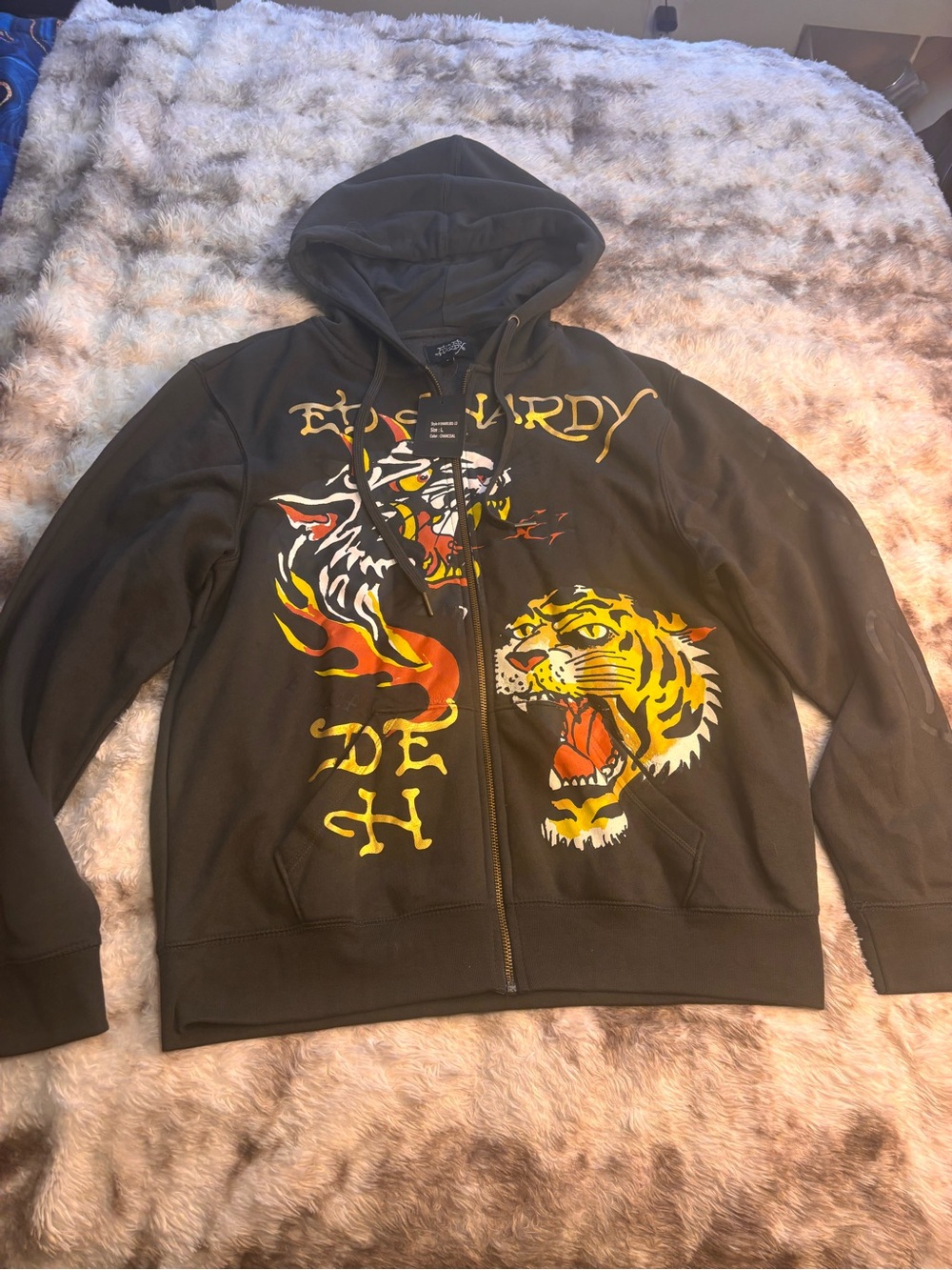 Ed Hardy Men’s Charcoal Gray  Graphic Zip-Up Hoodie with Tiger Design